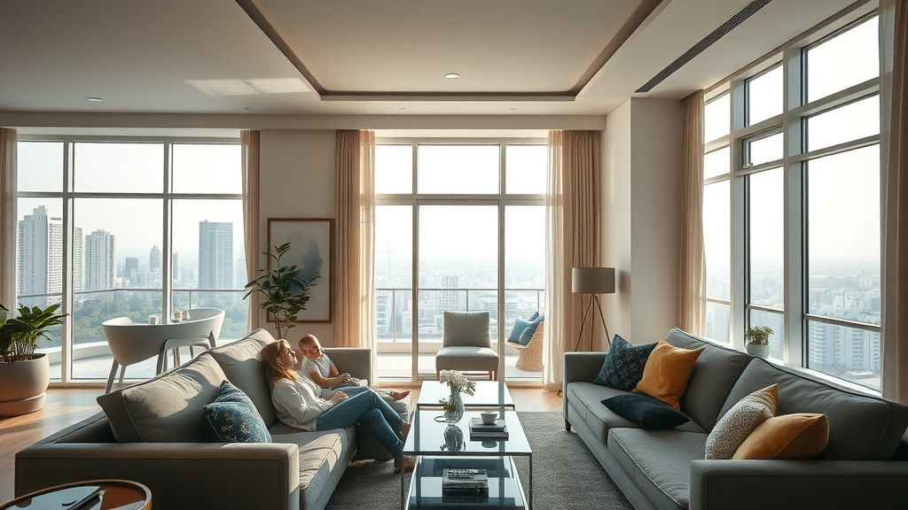 Luxurious apartment interior, spacious open-plan living with city views, elegant decor