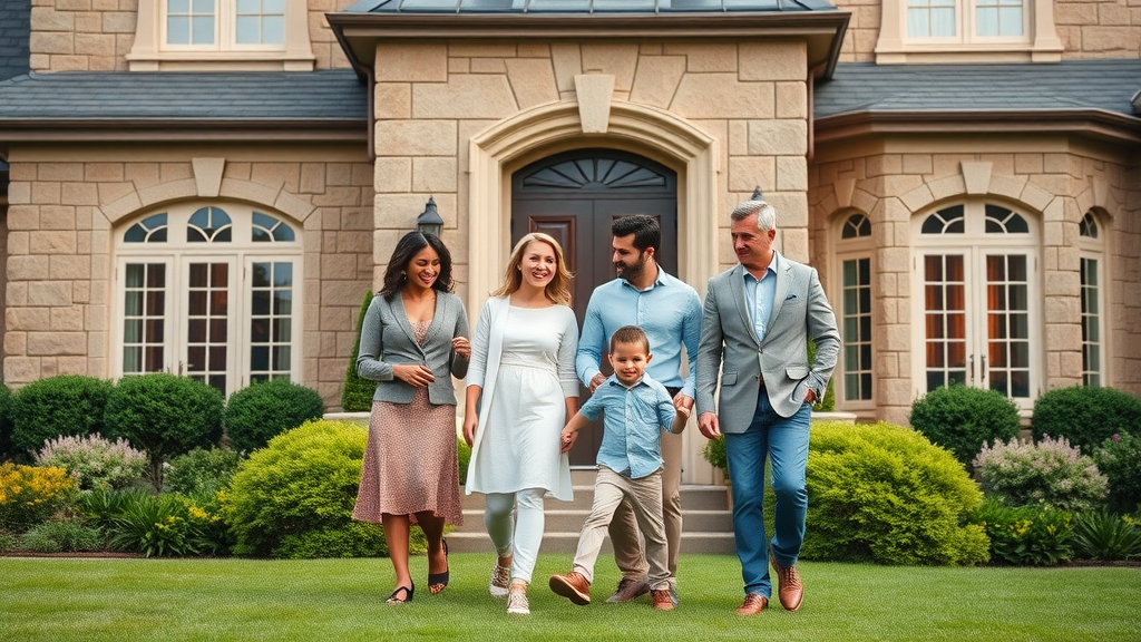 Sophisticated Charlotte family in front of a luxury home, cheerful expressions, luxury real estate, photorealistic