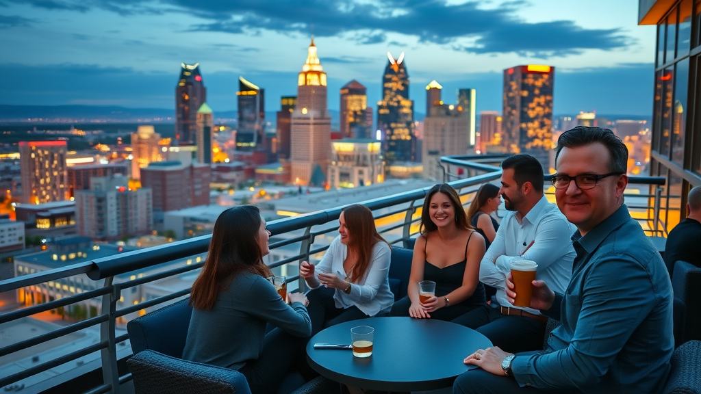 modern apartment high-rise in Uptown Charlotte, young professional residents at rooftop lounge, best neighborhoods for apartments in charlotte