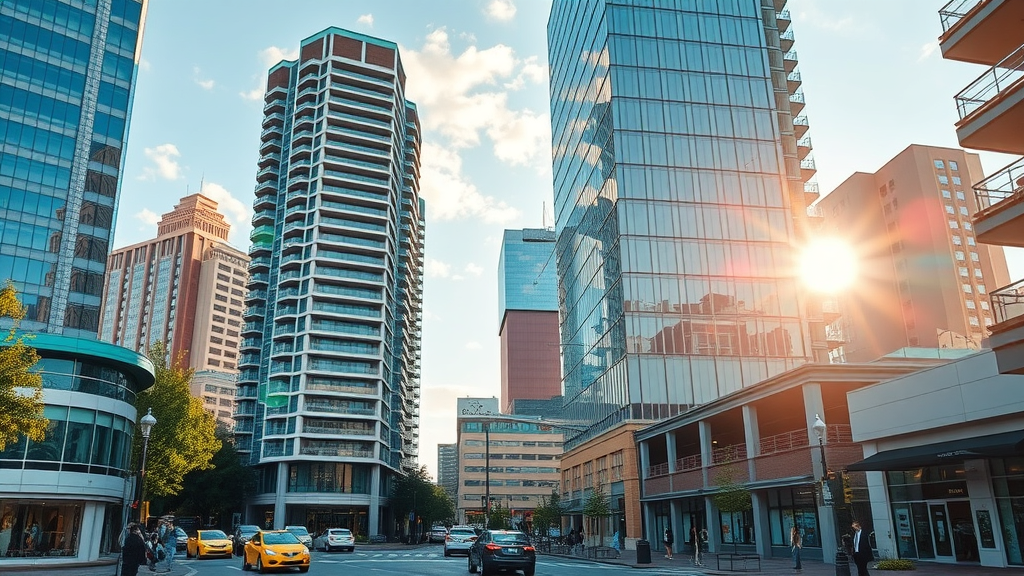 Vibrant cityscape of Charlotte Uptown, showcasing modern high-rise apartment buildings, lively urban atmosphere with bustling pedestrians, and dynamic city street scene - renting in charlotte financial district