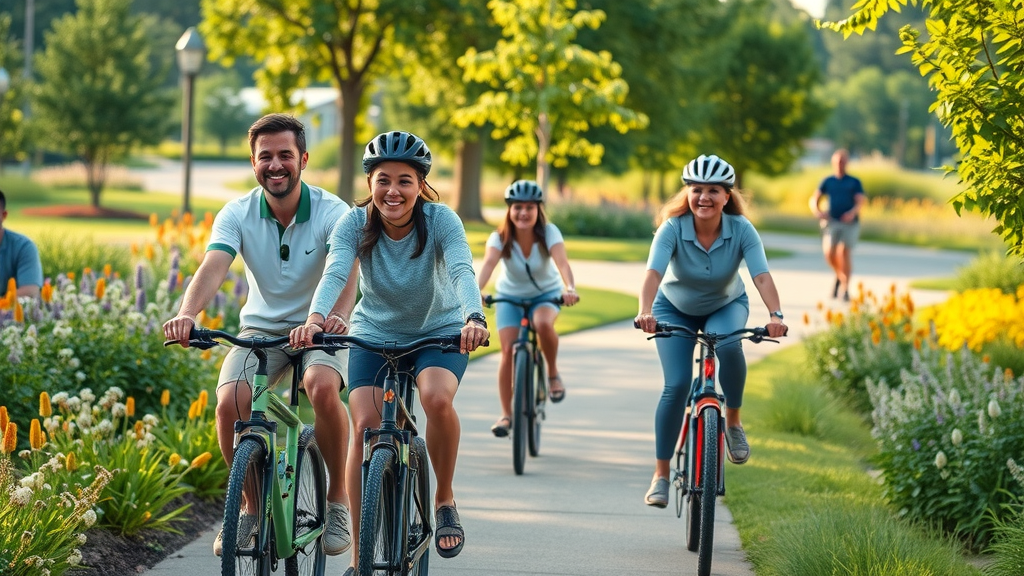 Active Charlotte residents cycling, lush urban greenway, wildflowers, parks - sustainability in charlotte nc lifestyle