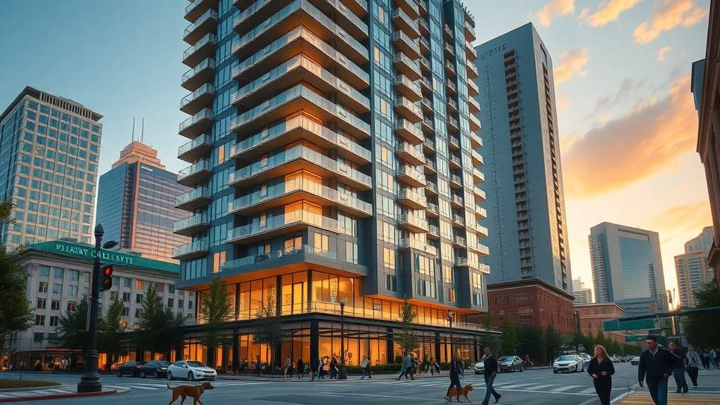 Elegant exterior of a luxury apartment tower in Uptown Charlotte, vibrant urban atmosphere, modern high-rises and sunset