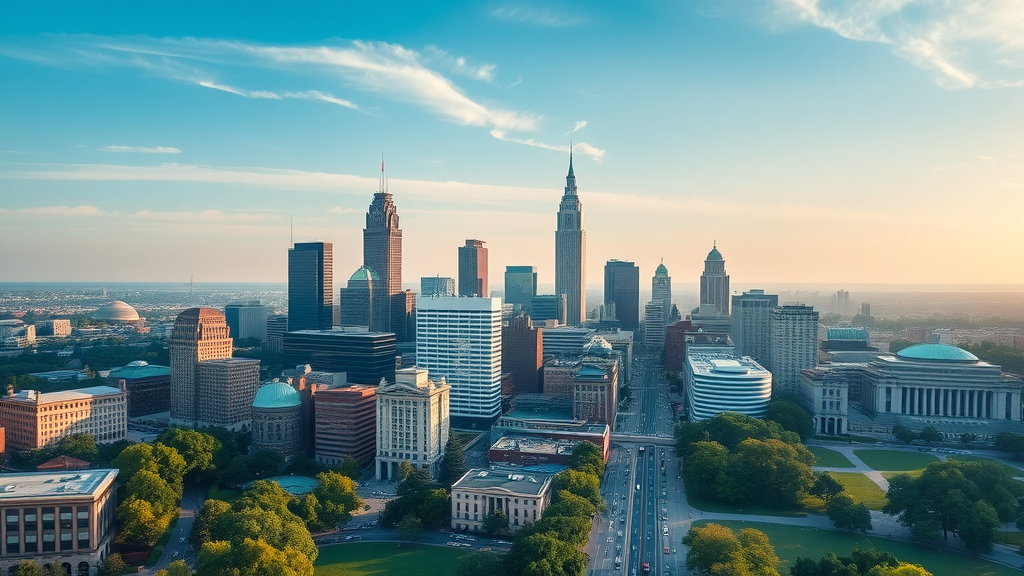 vibrant aerial view of Charlotte city skyline, showcasing best neighborhoods in Charlotte, clear blue sky, downtown, urban buzz, high fidelity