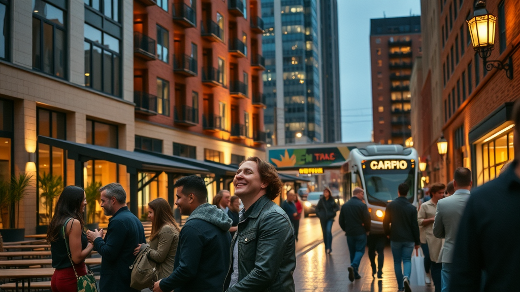 Modern apartment buildings in South End Charlotte, bustling nightlife, stylish people outside restaurants, trendy street with light rail, evening golden hour, glowing city lights.