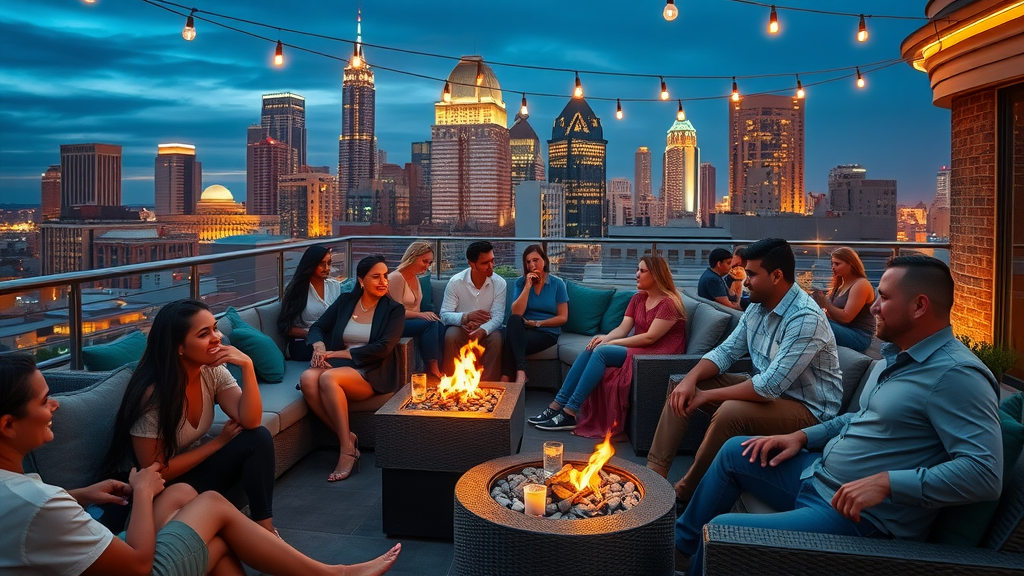 Spacious rooftop lounge of a luxury Charlotte apartment at twilight, residents socializing, cityscape in background
