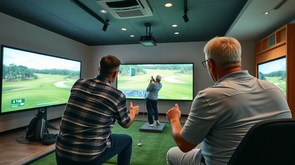 Charlotte apartment golf simulator with residents enjoying virtual golf and socializing