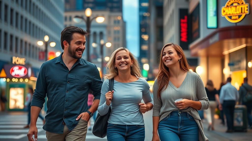 Charlotte community safety: cheerful family enjoys strolling through a well-lit, active downtown Charlotte street in the evening.