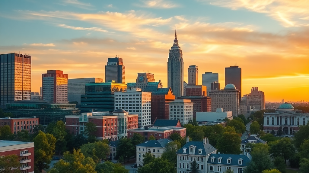 vibrant Charlotte city skyline at sunset with diverse apartments for rent, modern and historic buildings in North Carolina