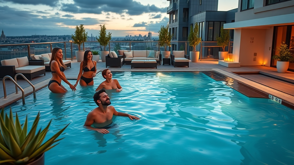 Luxury Charlotte apartment community amenities including rooftop pool and outdoor lounge