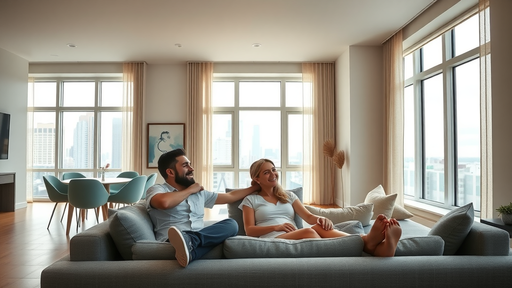 Upscale apartment interior in Charlotte with couple relaxing in spacious living room, city view, average rent in charlotte