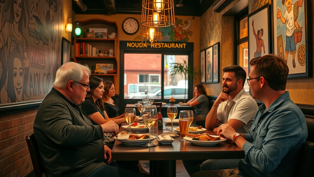 cozy local restaurant in Charlotte NoDa arts district with friends sharing dinner in mural-covered, artistic decor