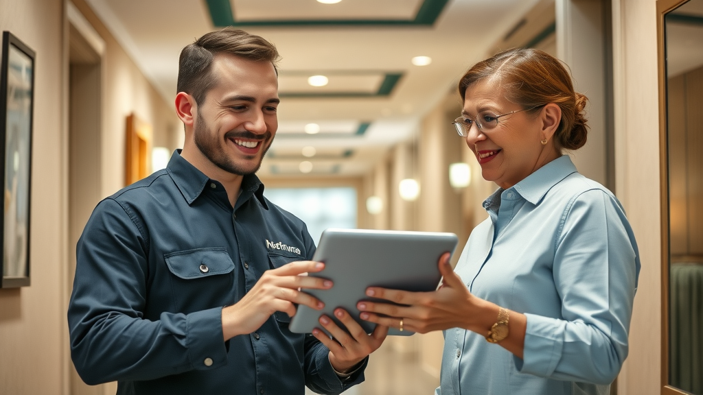 Professional maintenance staff assisting resident with digital tablet in the hallway of a luxury apartments Charlotte NC community