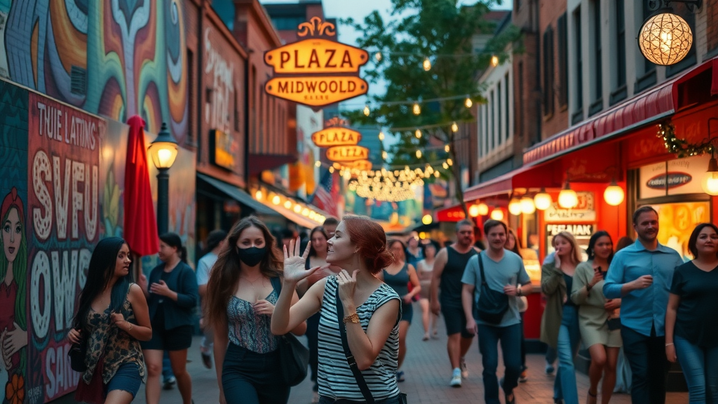 eclectic street in Plaza Midwood, vibrant murals, stylish young people, independent shops and cafes, Main keyword: plaza midwood charlotte neighborhood.