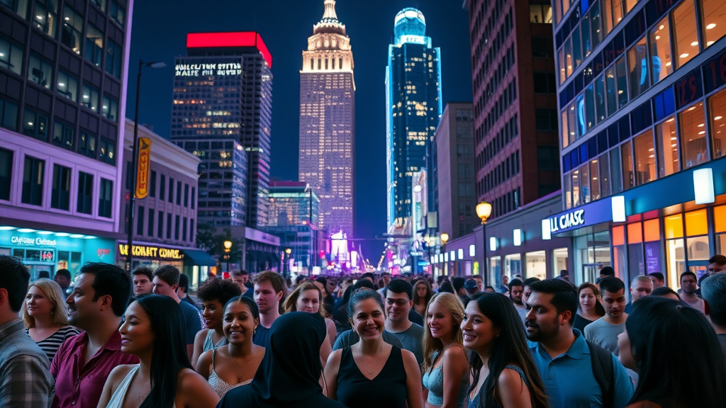uptown charlotte nightlife diverse crowd modern towers illuminated streets