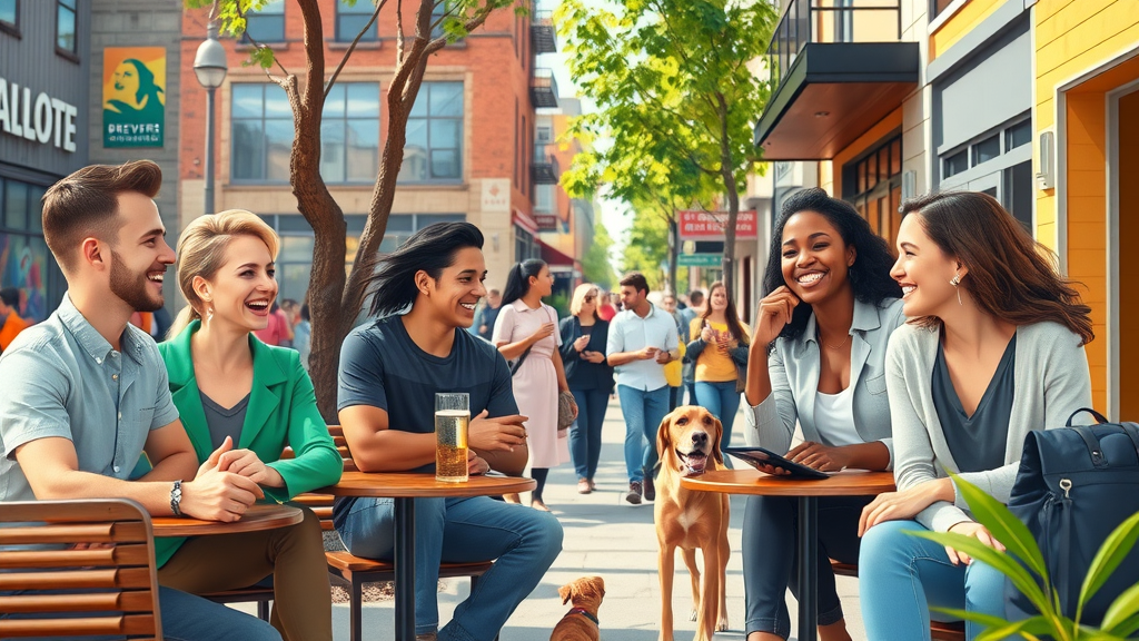 lively South End Charlotte street scene, diverse young professionals, modern apartments, breweries, Main keyword: south end charlotte neighborhood.