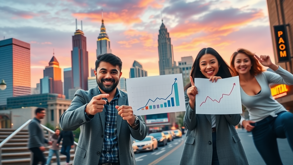 Charlotte skyline and renters and investors with upward-trending charts, symbolizing rental market growth and optimism