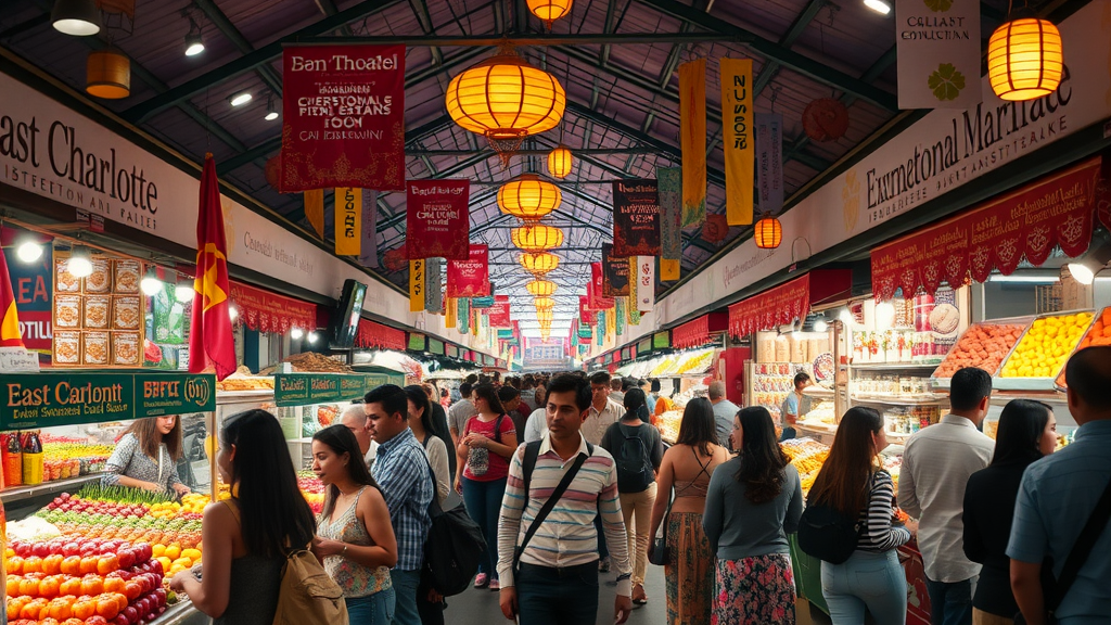 bustling East Charlotte international market, diverse food vendors, colorful, best affordable neighborhood in Charlotte