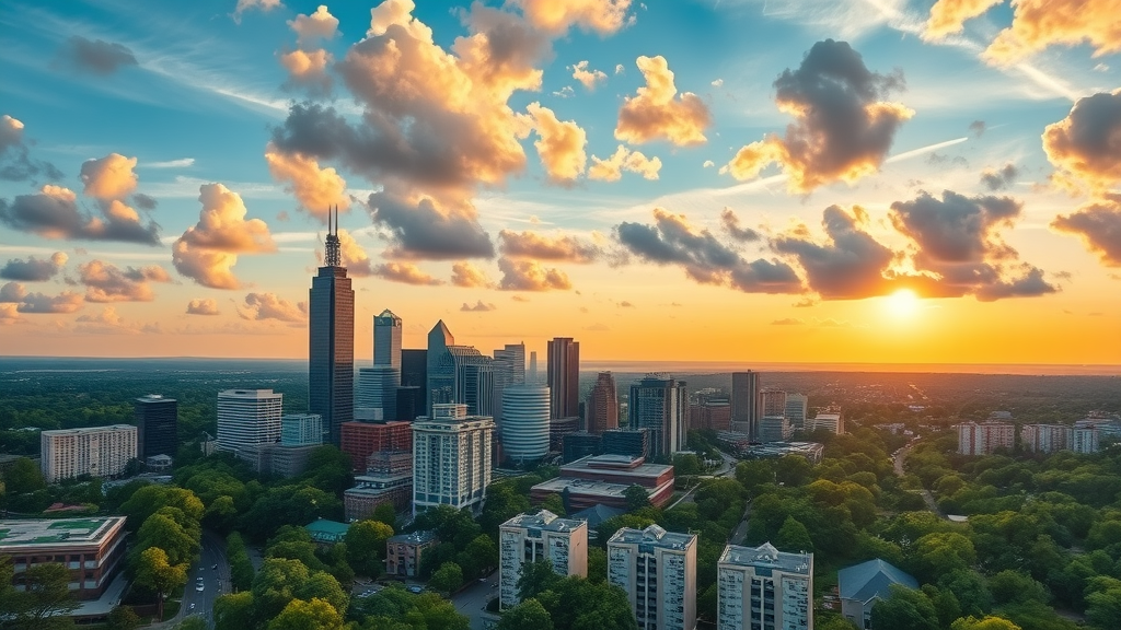 Vibrant aerial cityscape of Uptown Charlotte North Carolina skyline at sunrise, showing bustling city center and lush green neighborhoods, Bank of America tower and modern apartments. Photorealistic panoramic city view.