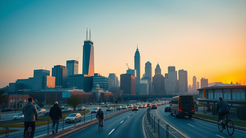 bustling Charlotte skyline at sunrise with light rail and traffic - commuting in Charlotte neighborhoods
