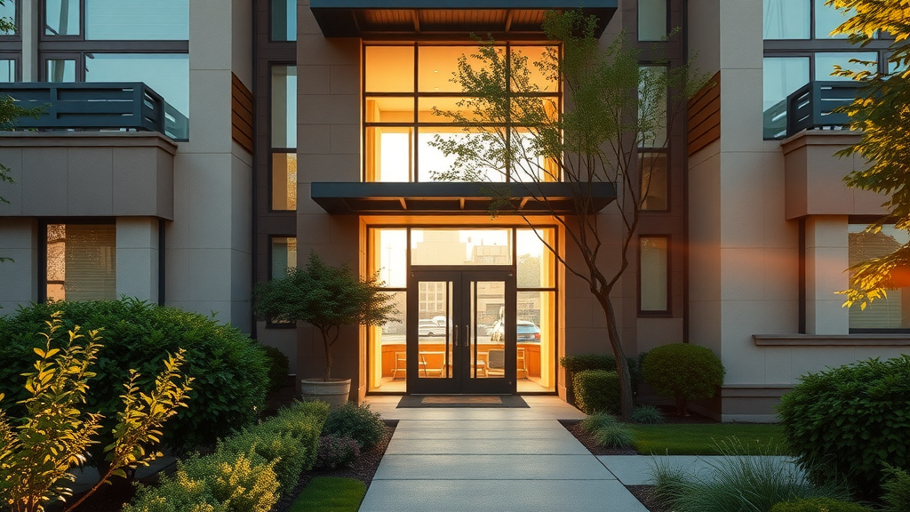 modern luxury apartment exterior charlotte nc apartment rentals lush landscaping evening skyline