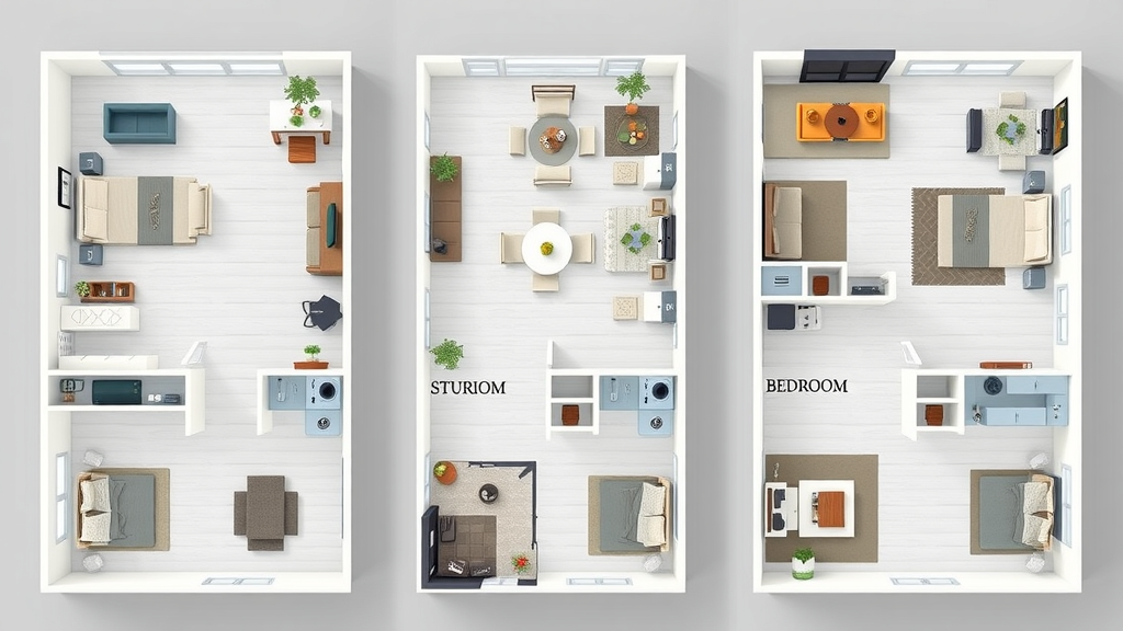 Modern Charlotte apartment floor plan collage showcasing studio, one-bedroom, and two-bedroom options