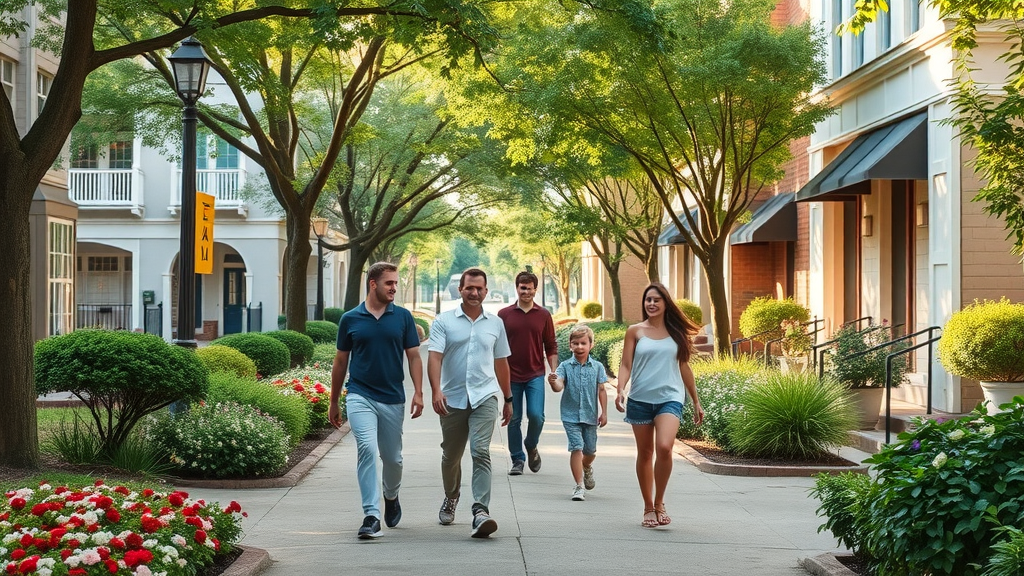 family-friendly neighborhoods charlotte streetscape, cheerful families, children playing in Charlotte