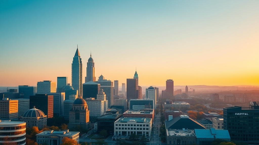 Vibrant cityscape of Charlotte at sunrise, showcasing skyline, Queen City, bustling life, place to live, modern and historic buildings