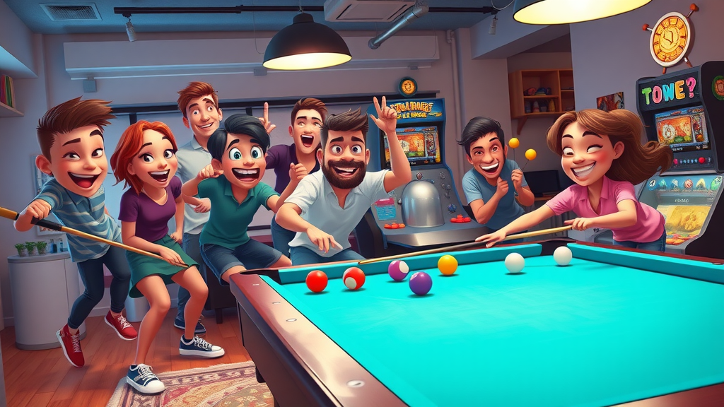 Lively apartment game room Charlotte NC, friends playing pool and video games, energetic group recreation
