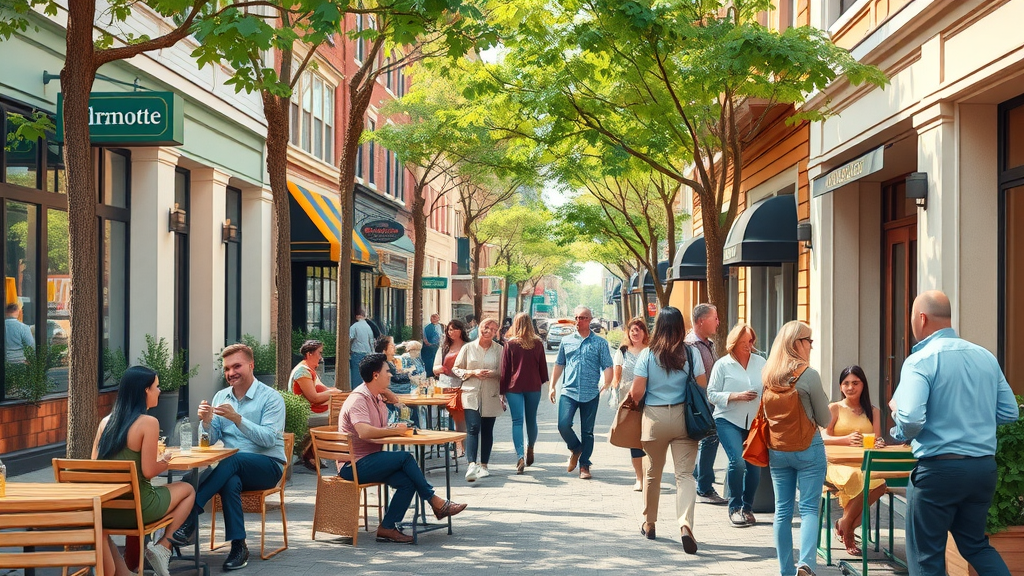 charming Charlotte NC urban living street scene, diverse families and young professionals enjoying cafes, lively urban neighborhood, historic buildings with modern storefronts