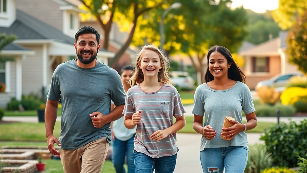 charlotte nc safety family in secure neighborhood, children playing, homes and tree-lined streets reflecting safety and quality of life