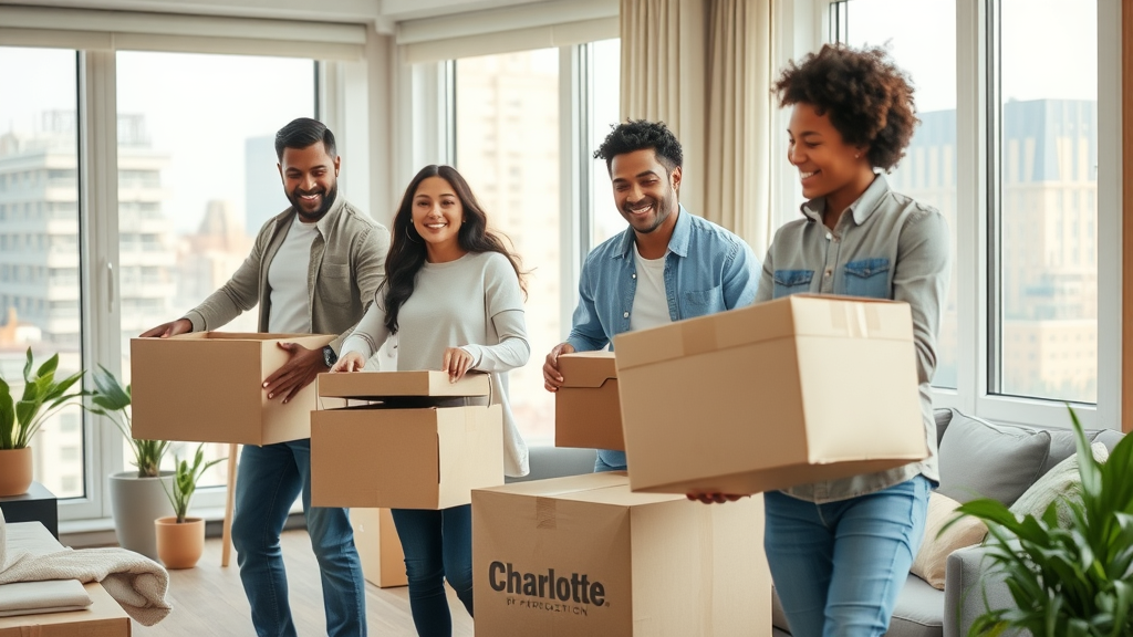 Diverse family moving into Charlotte apartment, planning cost of living and arranging new home