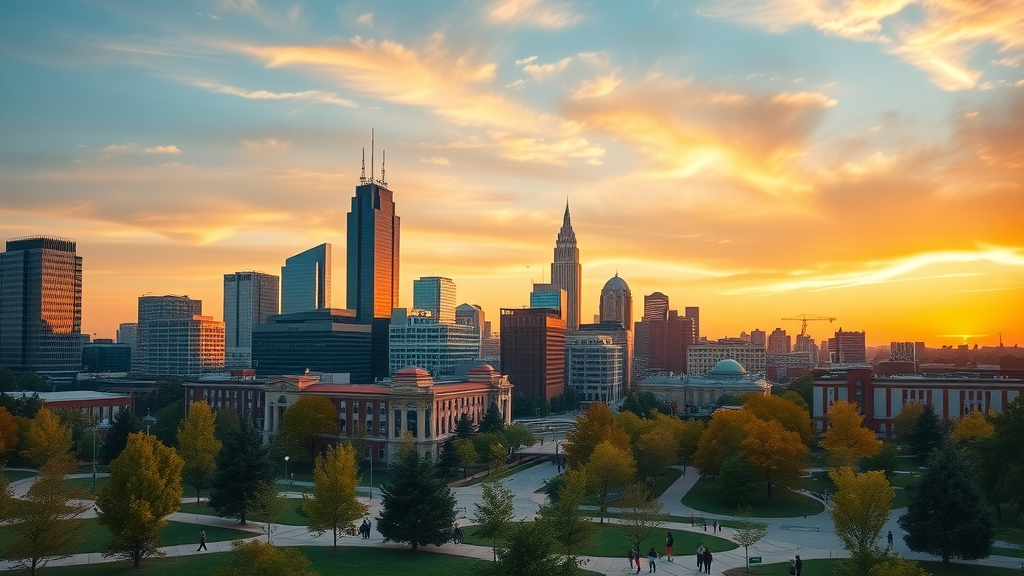 Charlotte apartment amenities cityscape skyline view at sunset with apartment towers