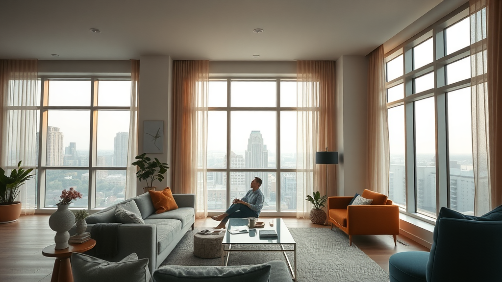 Modern Charlotte apartment interior, spacious living room with large windows, city view, stylish furnishings, cozy decor, relaxed person enjoying apartment home, floor plan with natural light, apartments for rent