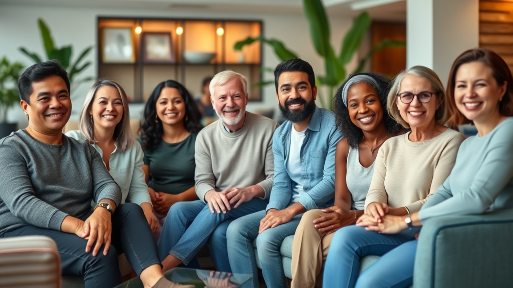 Happy Charlotte apartment residents relaxing together in a modern lounge area, representing diverse community living.