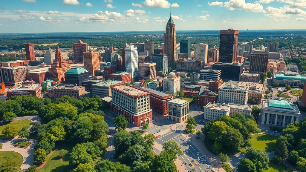 vibrant aerial view of Charlotte skyline with Uptown high-rises and tree-lined neighborhoods, best neighborhoods for apartments in charlotte