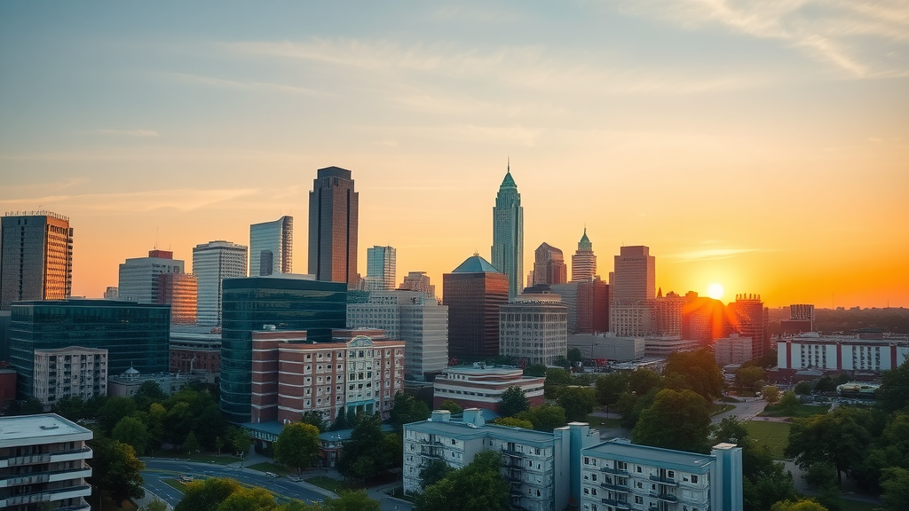 apartments near Charlotte downtown skyline at sunset, vibrant high-rise buildings, bustling urban background