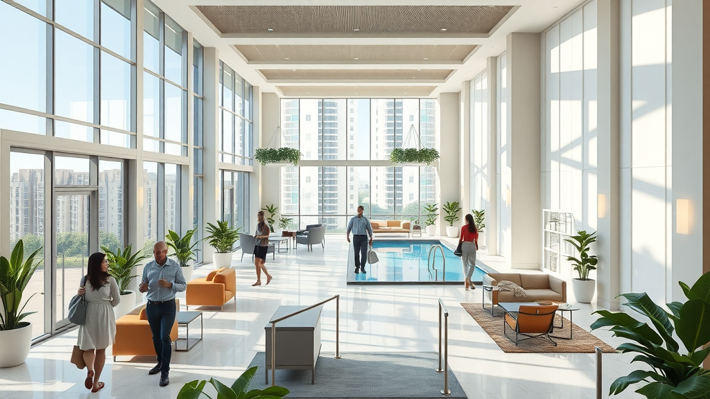 Sleek 3D rendering of modern Charlotte apartment community interior, bright lobby and common spaces