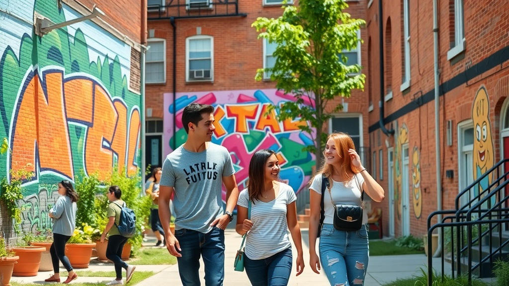 Renovated mill apartments in Wesley Heights, young creatives, brick facades with greenery, vibrant street art, sunny afternoon.