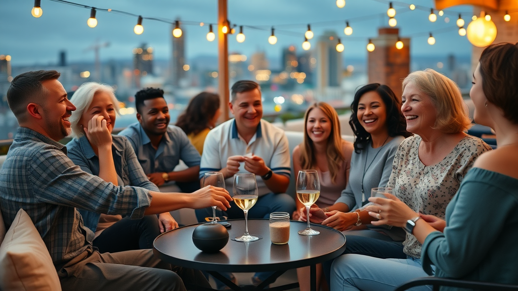 Charlotte apartment residents socializing at a rooftop sky lounge overlooking the skyline