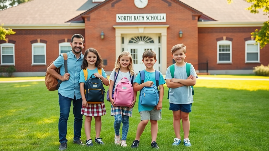 happy family with school-age children in front of North Carolina school, living in charlotte neighborhoods, green lawn, brick building, high fidelity