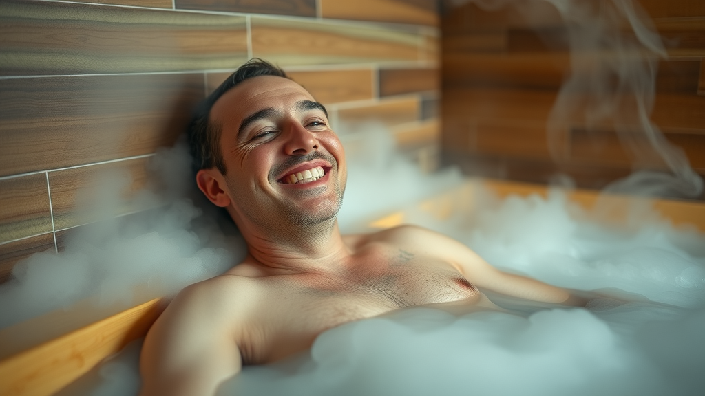 Serene wellness steam room Charlotte NC, relaxed resident, spa atmosphere with luxury tile and wood