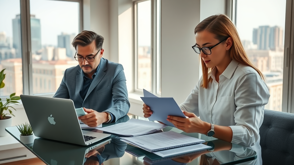 organized workspace with young adults reviewing Charlotte apartment rental applications, bright city views and laptops—expert tips for applying for apartments for rent in Charlotte NC.