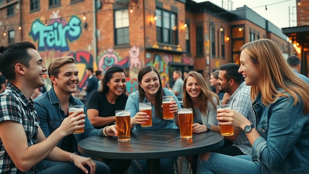 Trendy young professionals at a modern brewery patio in Charlotte South End, vibrant street art, urban brick buildings, and repurposed railroad tracks, highly detailed and dynamic.