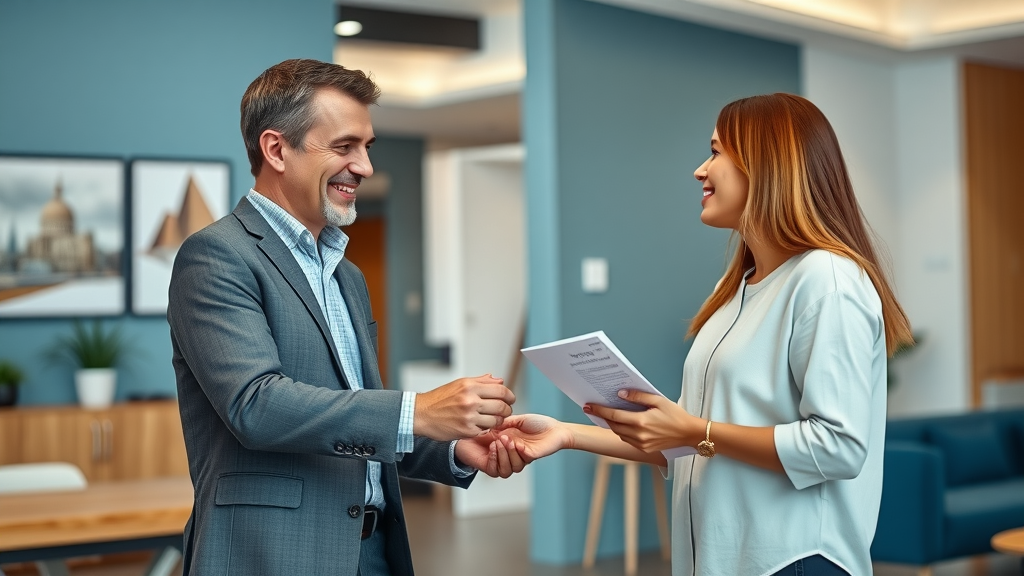 Leasing agent in Charlotte arts district showing a stylish rental property to a couple, exchanging brochures, local art in lobby