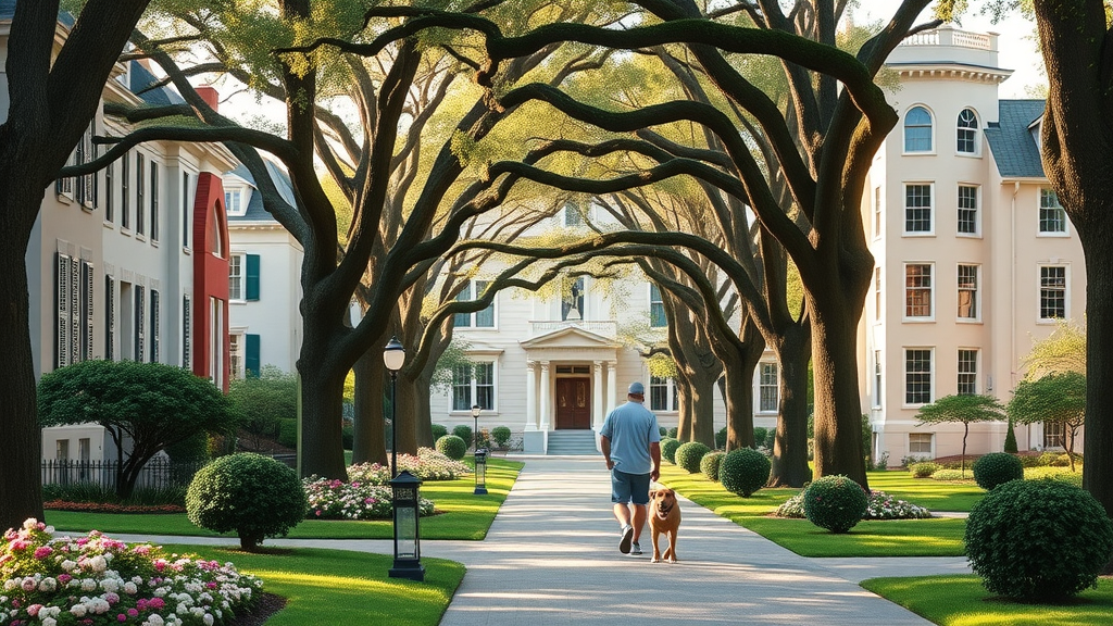 Elegant street in Myers Park, Charlotte, historic southern mansions, upscale rental properties, lush landscaping, spring flowers, old trees, soft afternoon sunlight.