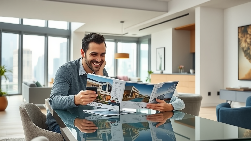 Modern open-concept luxury apartment living room with couple reviewing brochures at a dining table, cityscape through the windows