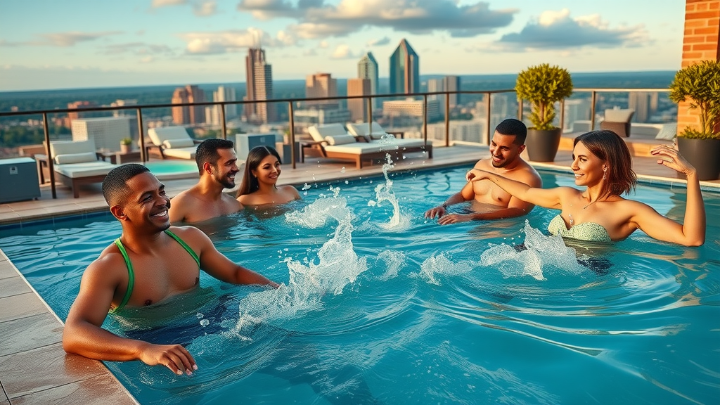 luxurious apartment amenities including rooftop pool, residents enjoying lounge, and panoramic Queen City Charlotte skyline