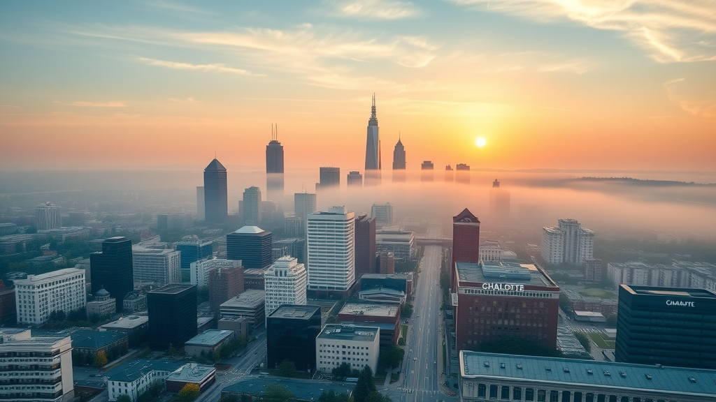 Vibrant aerial cityscape of Charlotte North Carolina rental market at sunrise, showing modern downtown buildings and new neighborhoods