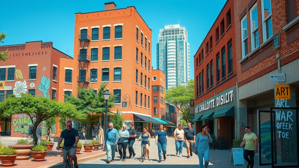 vibrant Charlotte arts district streetscape with mural-covered buildings and residents enjoying urban life, affordable arts district apartments charlotte, clear blue sky, urban setting, natural daylight
