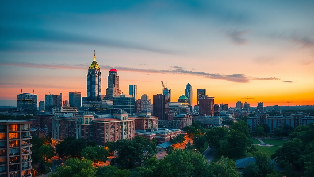 vibrant urban Charlotte skyline at dusk with modern apartment buildings and lush green parks - best apartment neighborhoods Charlotte